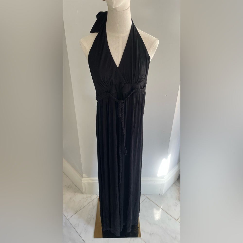 NWOT Fervour, XS, women’s black halter neck maxi dress with braided rope tie